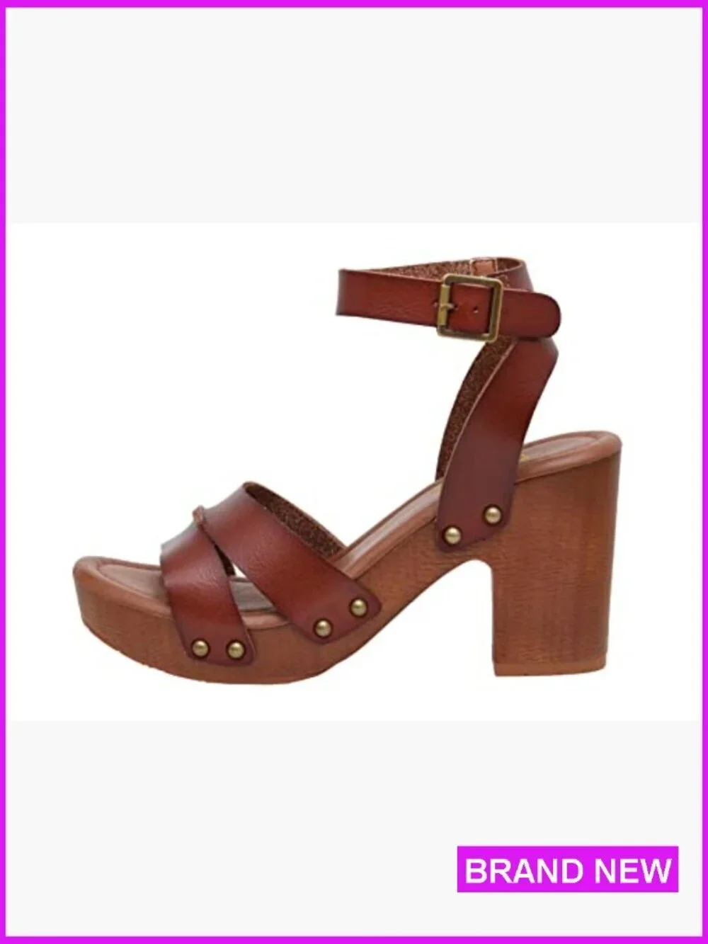 Platform Wedge Sandals with Faux Wood Block Heel and Studded Straps